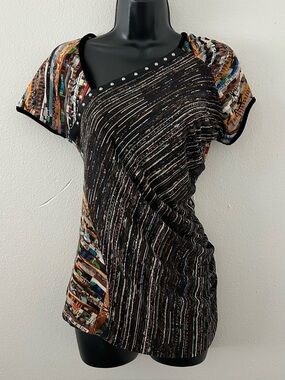 Pianura Studio Asymmetrical Mixed Print Top Ruched Studded Y2K Artsy Velvet Trim